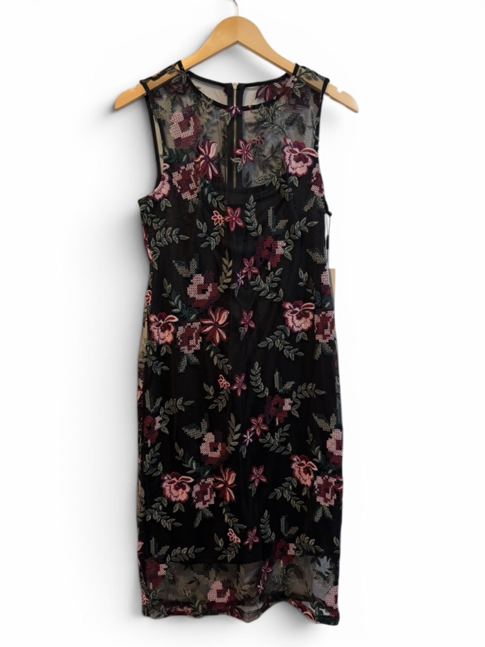 Calvin Klein  Black Cocktail  Midi Dress with Floral Embroidery Size 10